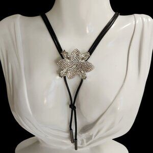 Guess silver-tone pave & marquis stone flower 40" wrapped leather cord choker